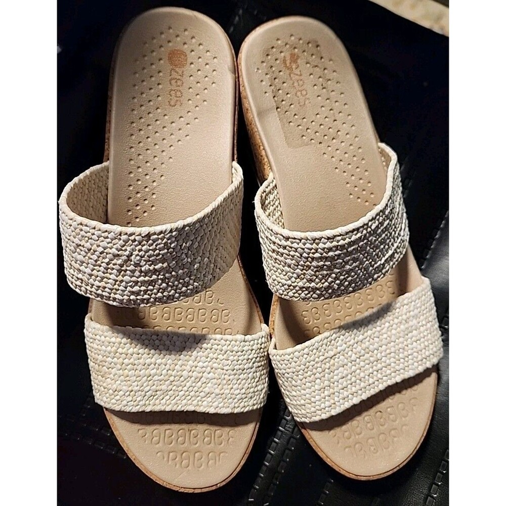 Bzees Slide Sandal 9M Resort White/Tan Wedge Slip On Comfort Washable Cork *READ - Picture 2 of 9